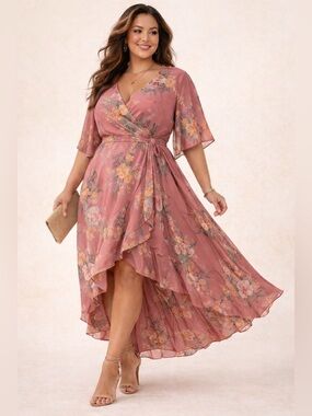 City Chic Dusty Rose Floral High-Low Wrap Dress